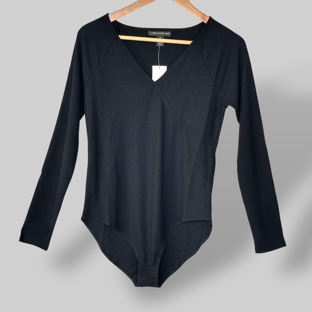 NEW A Pea‎ in the Pod Ribbed Long Sleeve Bodysuit Maternity Black Size Medium